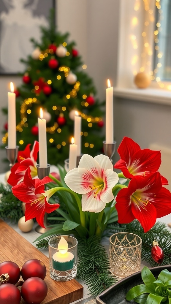 Christmas table decorated with amaryllis flowers, candles, and greenery.